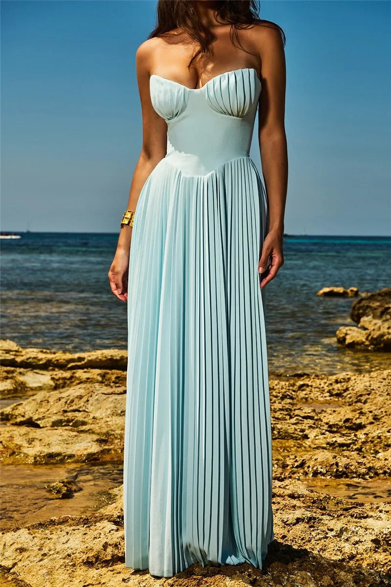 Off-shoulder Backless Pleated Maxi Dress For Women Fashion Strapless Sleeveless High Waist Bodycon Sexy Long Dress