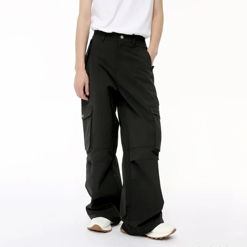 High Street Mne's Casual Pants Big Pockets Solid Color Cargo Trousers Straight Wide Leg Bottom Stylish Summer 9C6392