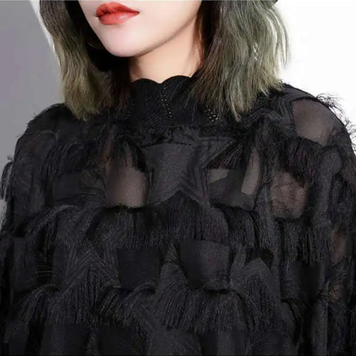 Load image into Gallery viewer, Spring Autumn Stand Collar Long Sleeve Perspective Black Loose Tassels Big Size Dress Women Fashion Tide JI780
