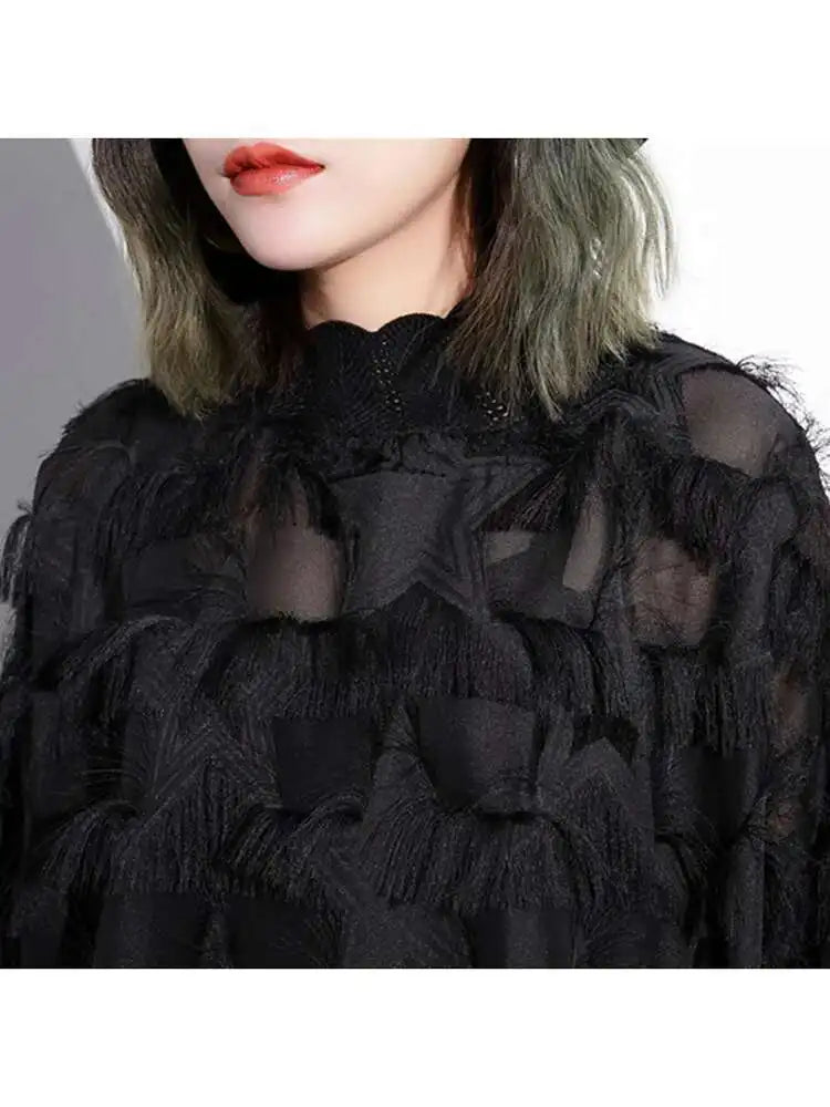 Spring Autumn Stand Collar Long Sleeve Perspective Black Loose Tassels Big Size Dress Women Fashion Tide JI780