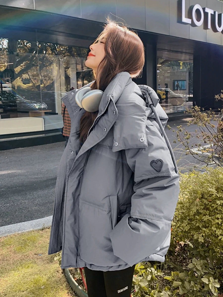 Winter Puffer Jackets Women Thick Warm Down Cotton Padded Coat Female Fashion Oversize Hooded Grey Loose Short Parkas Mujer 2023