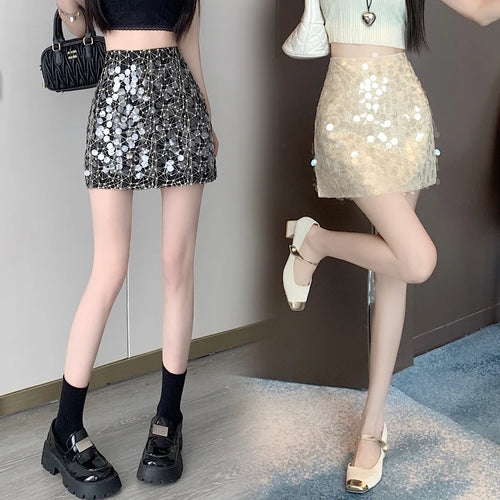 Load image into Gallery viewer, Sexy Sequin Mini Fairy A-line Skirt For Women Aesthetic Designer Black Spicy Girls High Waist Apricot Skirts Streetwear Summer
