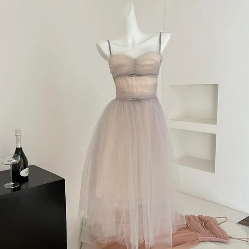 Load image into Gallery viewer, French Vintage Women Silver Pink Mesh Elegant Sexy Club Backless Pleated Slip Long Dress 2025 Summer Sleeveless Slim Party Dress
