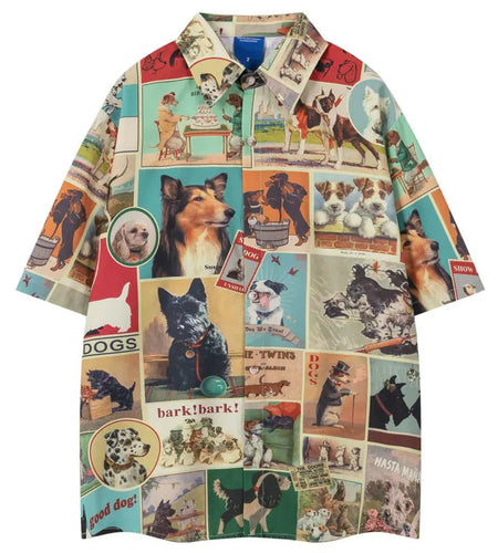 Vintage Shirts Y2K Cartoon Dog Graphic Printed Button Up Summer Blouse Streetwear Men Hip Hop Harajuku Short Sleeve Beach Shirt