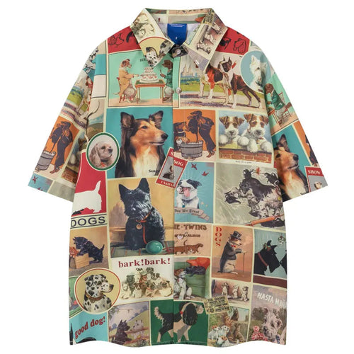Vintage Shirts Y2K Cartoon Dog Graphic Printed Button Up Summer Blouse Streetwear Men Hip Hop Harajuku Short Sleeve Beach Shirt