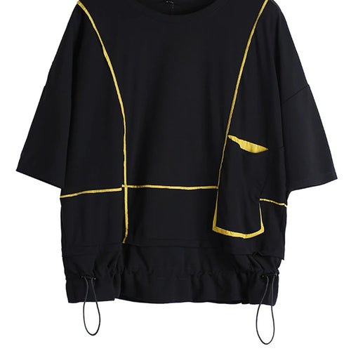 Load image into Gallery viewer, Women Red Pocket Split Joint Big Size T-shirt New Round Neck Three-quarter Sleeve Fashion Tide Spring Summer 2025 1U622
