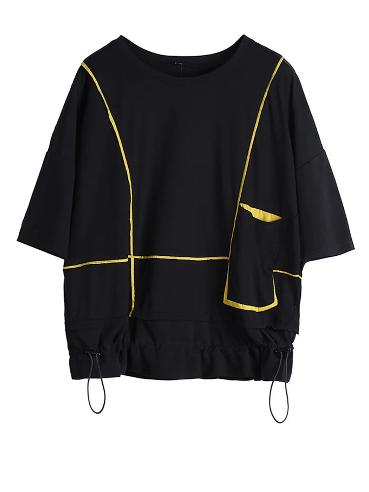 Women Red Pocket Split Joint Big Size T-shirt New Round Neck Three-quarter Sleeve Fashion Tide Spring Summer 2025 1U622