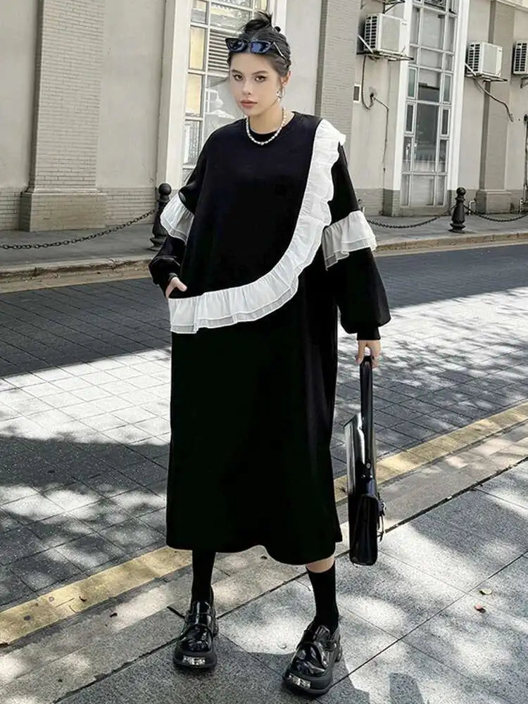 Women Black Ruffles Spliced Big Size Long Casual Dress New Round Neck Long Sleeve Fashion Tide Spring Autumn 2025 1DH7701