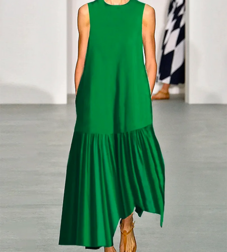 Stylish Party Evening A-Line Dress Summer Sleeveless Green Black Round-Neck Pleated Maxi Dresses For Women 2024 New