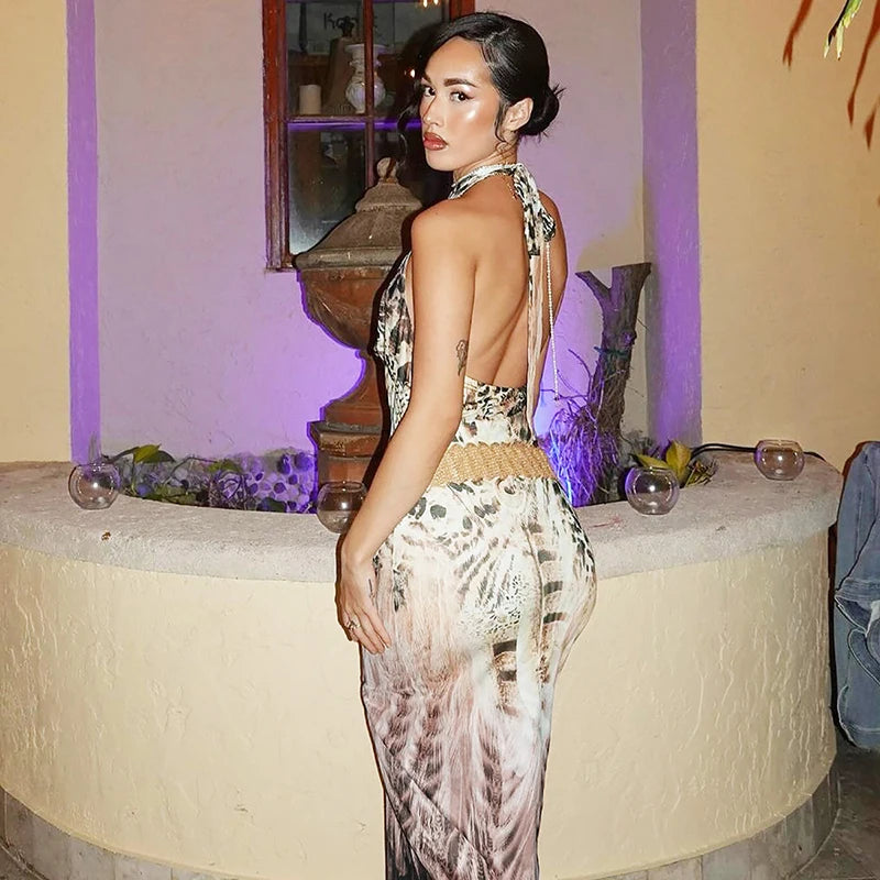 Backless Print V-neck Lace Up Sexy Maxi Dress For Women Slim Fit Sleeveless Hollow Out Dress Vacation Outfit Autumn