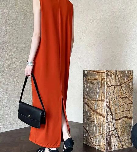 Women Orange Pocket Knot Elegant  Long Big Size Dress New V-Neck Sleeveless Fashion Tide Spring Summer 2025 1DH6380