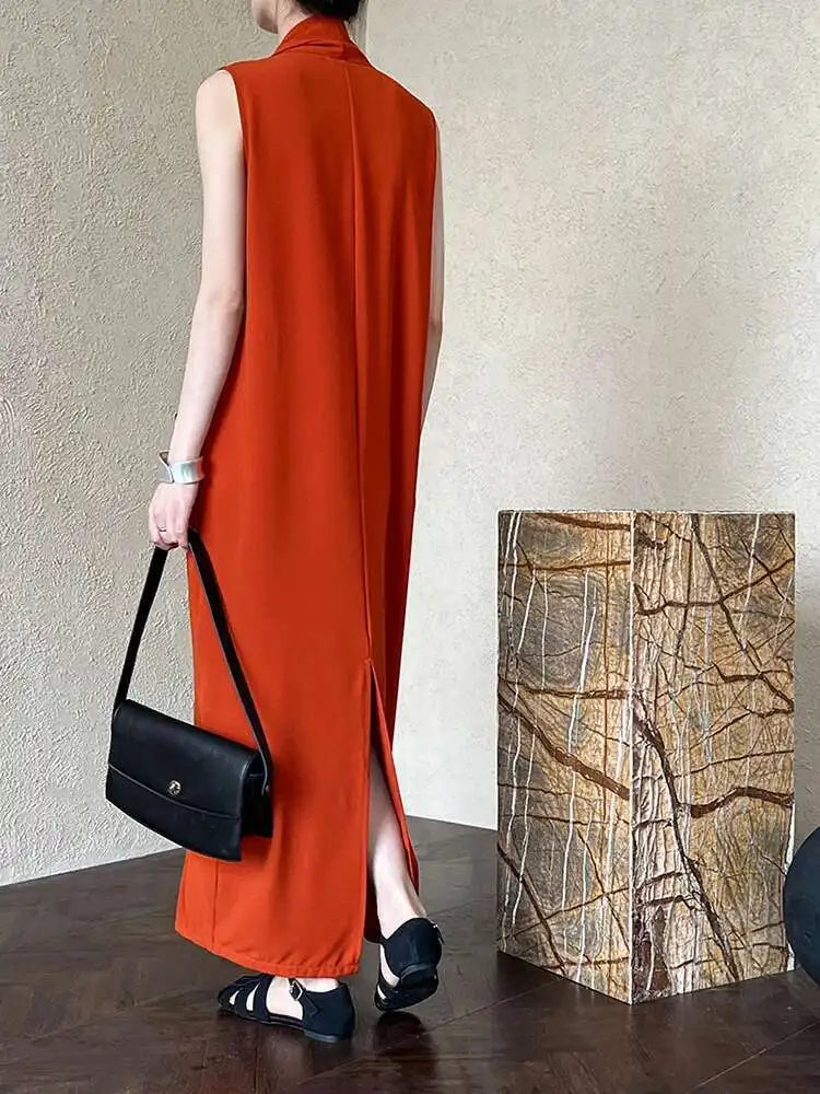 Women Orange Pocket Knot Elegant  Long Big Size Dress New V-Neck Sleeveless Fashion Tide Spring Summer 2025 1DH6380