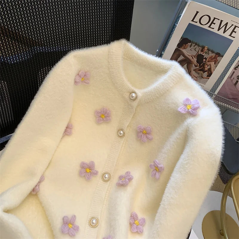 Sweet Women Purple Green Flower Decoration Knitted Single Breasted Cardigan Sweater Long Sleeve Loose O-neck Autumn Winter Tops