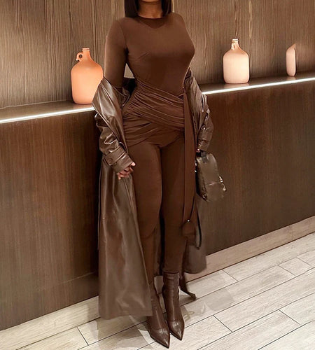 Fashion Brown Fitness Autumn Jumpsuit Women Ring Bandage Sportswear Party Bodysuit Elegant Streetwear Outfits Romper