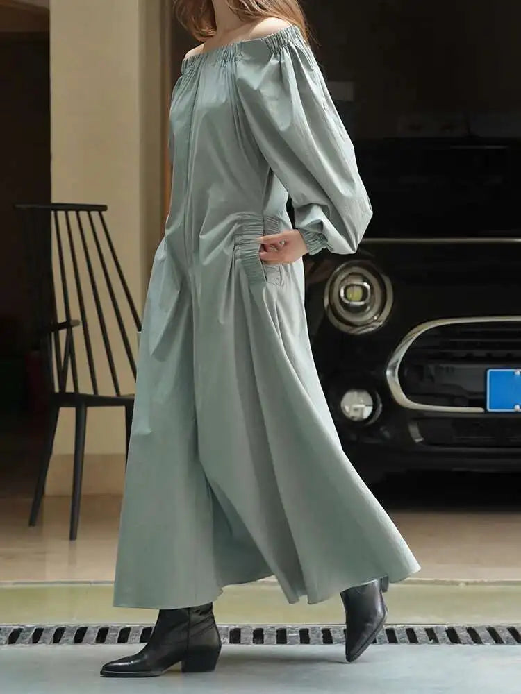 Women Black Brief Long Elegant Dress New Slash Neck Long Puff Sleeve Loose Fit Fashion Tide Spring Autumn 2025 1DF9947