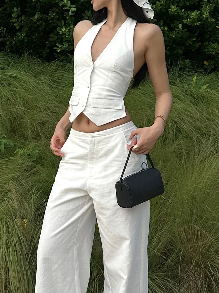 White Fashion Two Piece Sets for Women Halter Sleeveless Backless Spliced Button Sexy Vest Wide Leg Pant Set Female