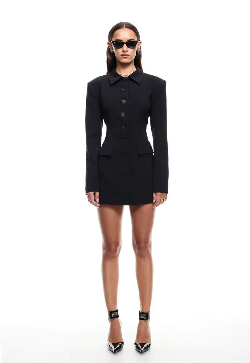 Long Sleeve Lapel Sexy Mini Dress For Women Solid Single-breasted Two Pocket High Waist Office Lady Blazer Dress