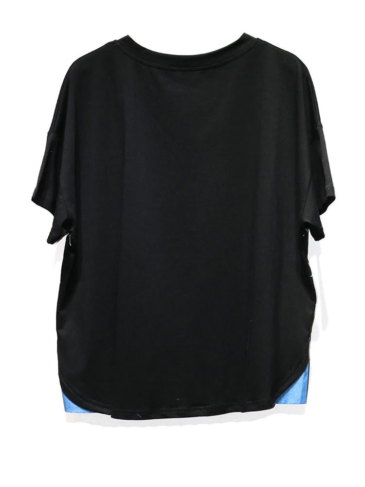 Women Black Pattern Printed Big Size Casual T-shirt New Round Neck Short Sleeve Fashion Tide Spring Summer 2025 1DJ1186