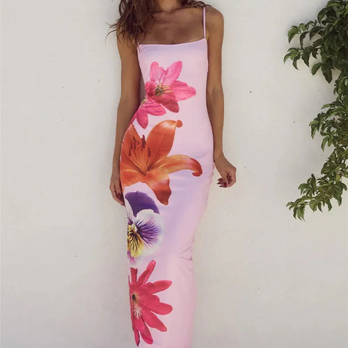 Load image into Gallery viewer, Floreal Print Long Dress For Women Gown Summer New Spaghetti Strap Sleeveless Backless Bodycon Sexy Midi Dress Elegant

