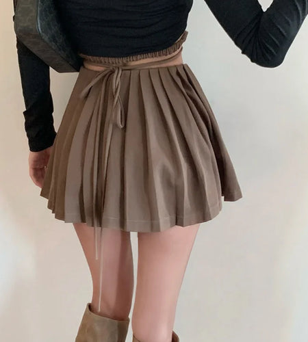 Summer High Waist Skirts Womens Sexy Mini Skirts Vintage Bandage Pleated Skirt Korean Tennis Skirts Short khaki Black