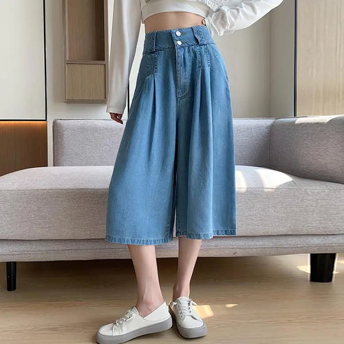 Load image into Gallery viewer, Retro Blue High Waisted Wide Leg Pleated Jeans Women's Spring Summer Loose Straight Seven Point Denim Pants Streetwear Fashion
