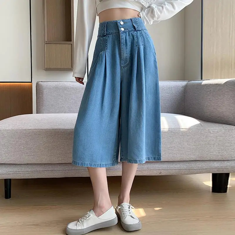 Retro Blue High Waisted Wide Leg Pleated Jeans Women's Spring Summer Loose Straight Seven Point Denim Pants Streetwear Fashion