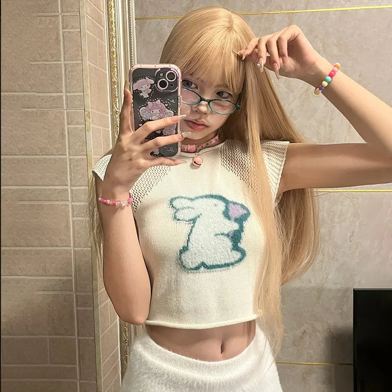 Japanese Y2k Knitted T-shirt 2000s Aesthetics Rabbit Embroidery Crop Top Vintage Harajuku Hollow Out Short Sleeve Tshirt