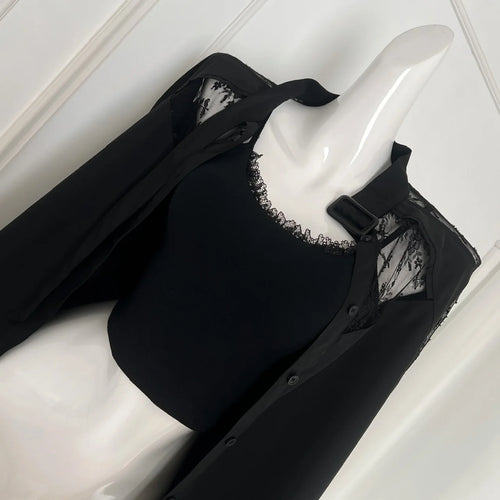 Load image into Gallery viewer, Women's Black Patchwork Lace Single Breasted Cotton Shirt Spring Autumn Long Sleeve Loose Blouses Office Lady Elegant Tops Trend
