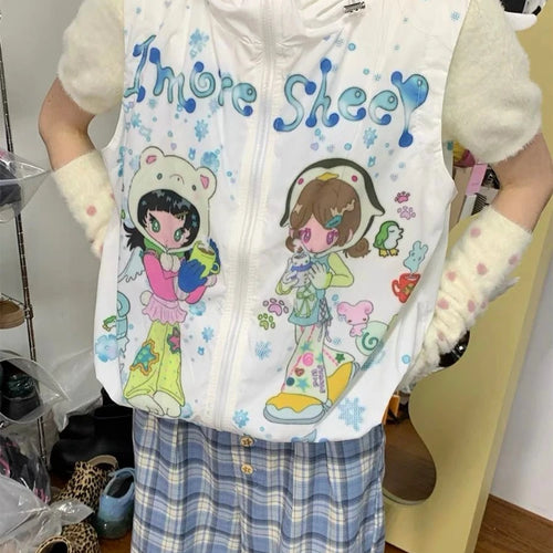 Load image into Gallery viewer, Y2k Aesthetic Cartoon Print Vest Hooded Coats Women Harajuku Casual Sleeveless Jacket Streetwear Drawstring Kawaii Cute Tops
