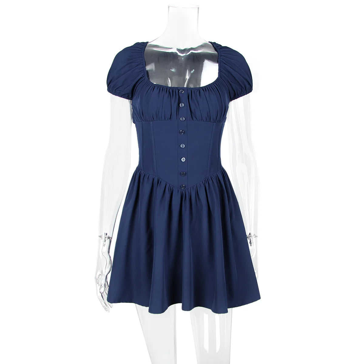 Square Collar Pleated Mini Dress For Women Navy Blue Fashion Short Sleeve Backless A-line Club Party Sexy Dress Elegant