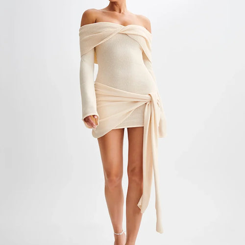 Load image into Gallery viewer, Off-shoulder Knit Mini Dress For Women Autumn Winter New Strapless Backless Long Sleeve Ruched Draped Knitted Dress
