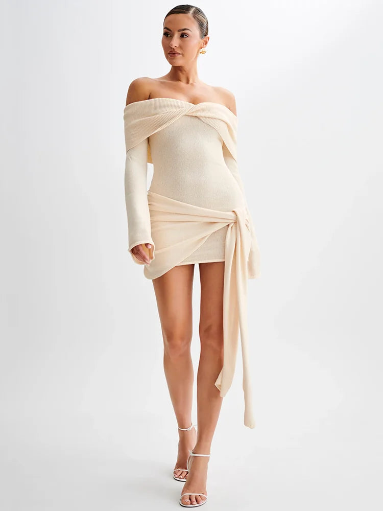 Off-shoulder Knit Mini Dress For Women Autumn Winter New Strapless Backless Long Sleeve Ruched Draped Knitted Dress