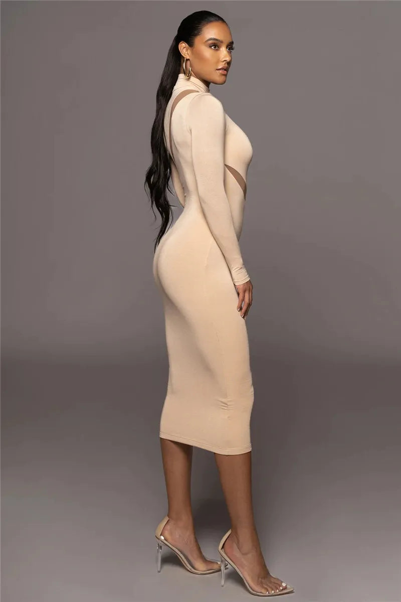 Elegant Long Sleeve Bodycon Sexy Maxi Dress For Women Autumn Winter Fashion Half High Collar Club Party Sexy Long Dress