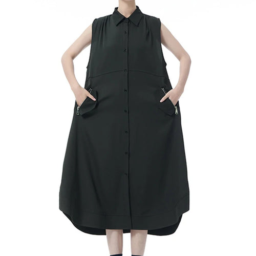 Load image into Gallery viewer, Women Dark Gray Zipper Pocket Big Size Midi Shirt Dress New Lapel Sleeveless Fashion Tide Spring Summer 2025 1DJ0950
