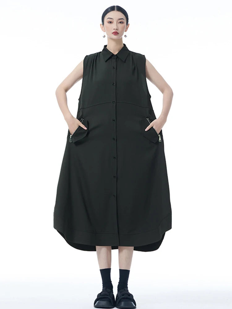 Women Dark Gray Zipper Pocket Big Size Midi Shirt Dress New Lapel Sleeveless Fashion Tide Spring Summer 2025 1DJ0950