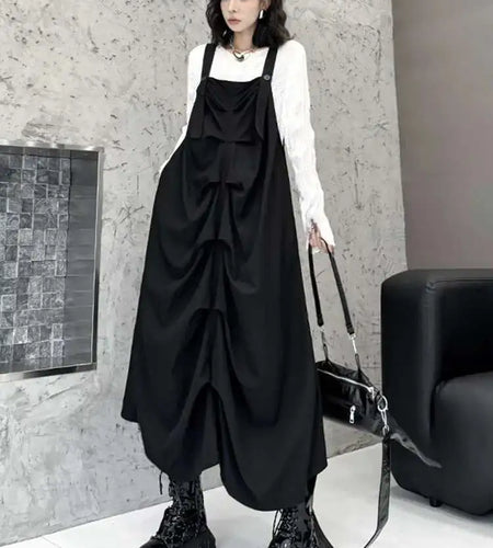 Women Black Pleated Irregular Big Size Strap Dress New Square Collar Sleeveless Fashion Tide Spring Autumn 2025 1DH6829
