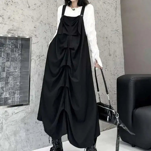 Load image into Gallery viewer, Women Black Pleated Irregular Big Size Strap Dress New Square Collar Sleeveless Fashion Tide Spring Autumn 2025 1DH6829

