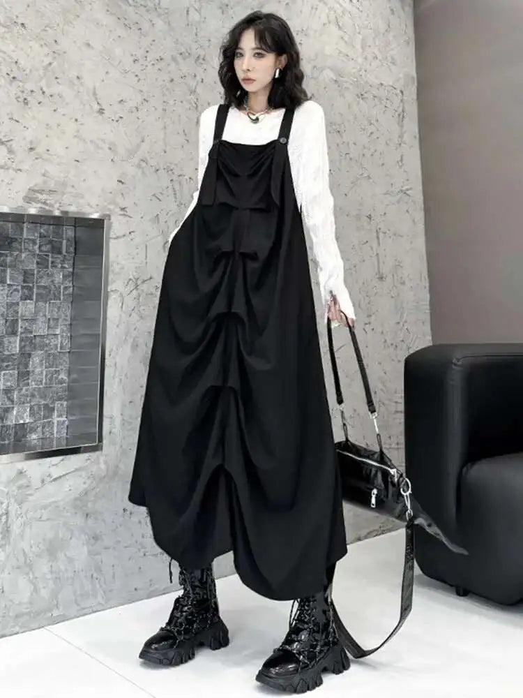 Women Black Pleated Irregular Big Size Strap Dress New Square Collar Sleeveless Fashion Tide Spring Autumn 2025 1DH6829