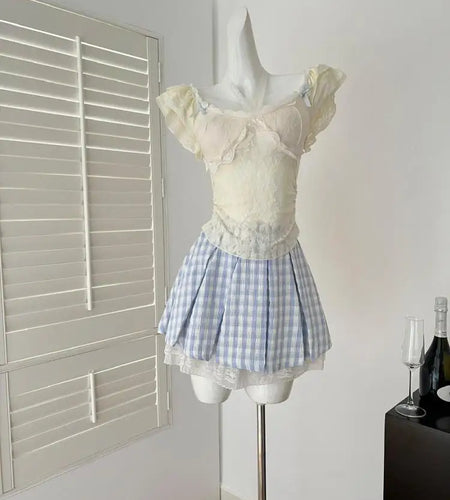 Summer Women's 2025 New Beige Lace Elegant Ruffles Halter Lace-up Tops And Blue Plaid High Waist Sexy Mini Skirt Two-piece Sets
