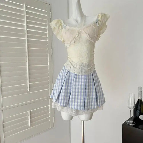 Load image into Gallery viewer, Summer Women&#39;s 2025 New Beige Lace Elegant Ruffles Halter Lace-up Tops And Blue Plaid High Waist Sexy Mini Skirt Two-piece Sets
