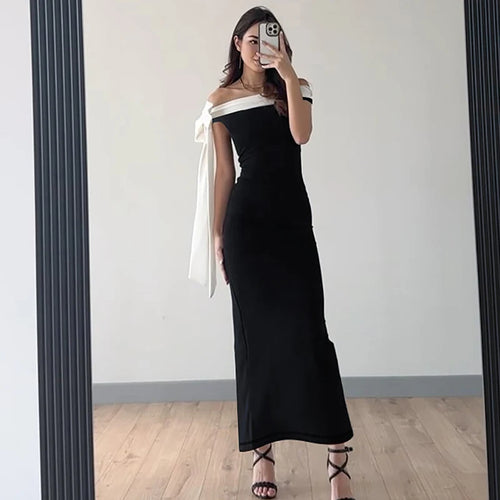 Load image into Gallery viewer, Sleeveless Ribbon Off-shoulder Solid Sexy Autumn Winter Maxi Dress For Women High Waist Bow Bodycon Party Long Dress
