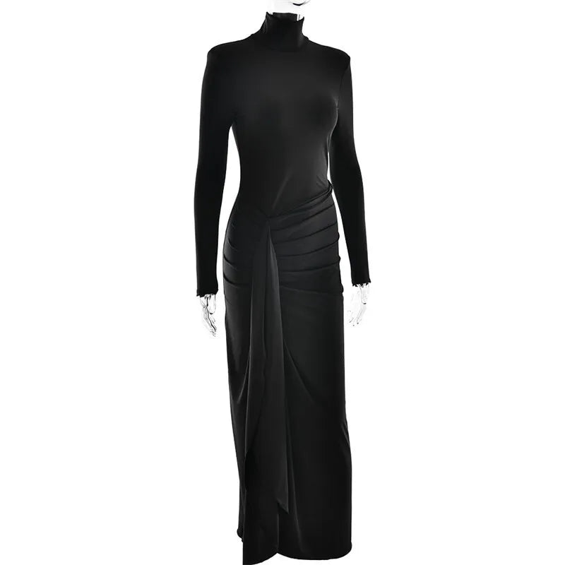 Turtleneck Thigh High Split Sexy Maxi Dress For Women Fashion Long Sleeve Draped Bandage Bodycon Club Long Dress