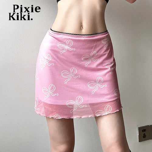 Load image into Gallery viewer, Bow Printed Mesh Skirt Pink Black Summer 2024 Women 2000’s Clothes Y2k Low Waist A Line Mini Skirts P84-BF25
