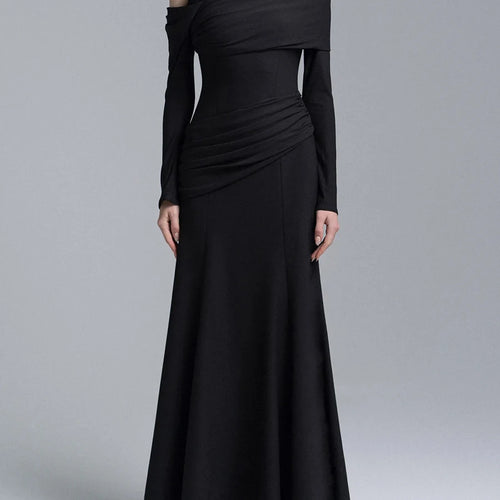 Load image into Gallery viewer, Slimming Spliced Folds Temperament Dresses for Women Diagonal Collar Long Sleeves Vintage Dress Female Clothing New
