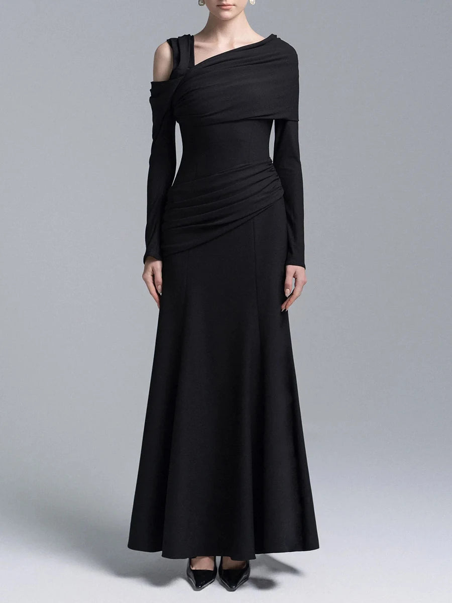 Slimming Spliced Folds Temperament Dresses for Women Diagonal Collar Long Sleeves Vintage Dress Female Clothing New