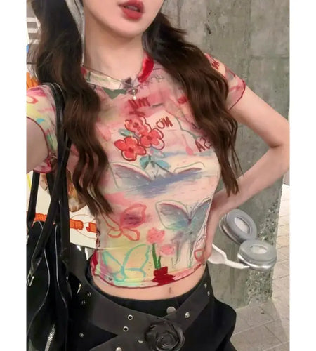 Women Clothing Sweet Woman T Shirts Summer Crop Tops 2024 Ropa Mujer Short Sleeve O-neck Print Tees Butterfly Gauze Y2k T-shirt