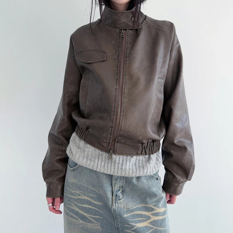 Grunge Fairycore Chic Leather Jacket Female Fashion Zipper Autumn Winter Distressed Coat Vintage Outwear PU Jackets