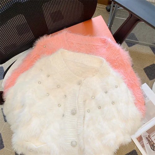 Load image into Gallery viewer, Autumn Winter French White Diamond Elegant Knitted Cardigan Tops Women's Pink V Neck Single Breasted Long Sleeve Mohair Sweater
