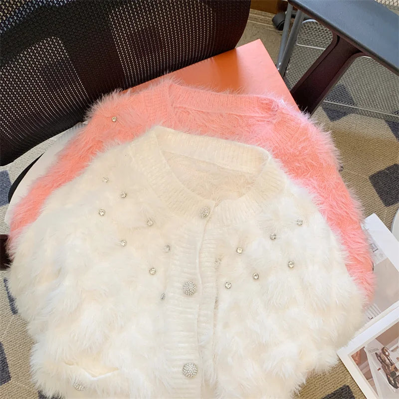 Autumn Winter French White Diamond Elegant Knitted Cardigan Tops Women's Pink V Neck Single Breasted Long Sleeve Mohair Sweater