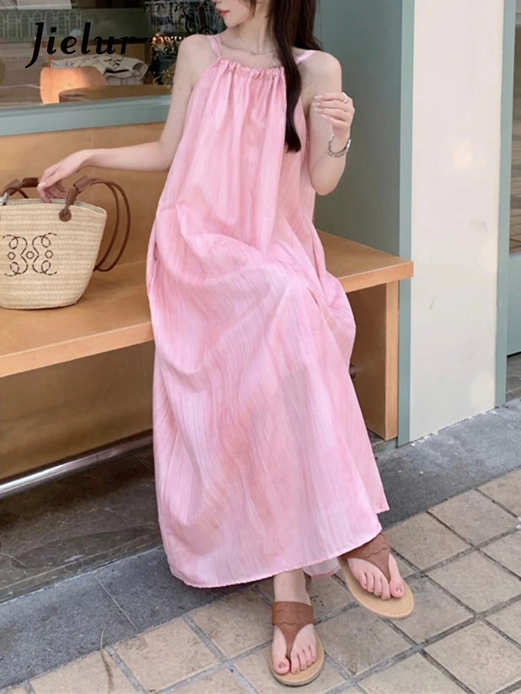 French Style Pink Bow Halter Women Dresses Sleeveless O-neck Solid Color Casual Female Dress Summer Chic Elegant Dresses